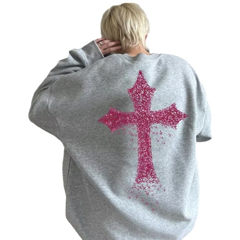 non binary outfits American Fashion Dark Style High Street Loose round Neck Sweater Design Cross Print Niche Pullover Top Clothes