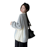ins styles Street V-neck American Sports Contrast Color Sweater Spring and Autumn Women's Gray Stitching Letter Printed Elastic Top