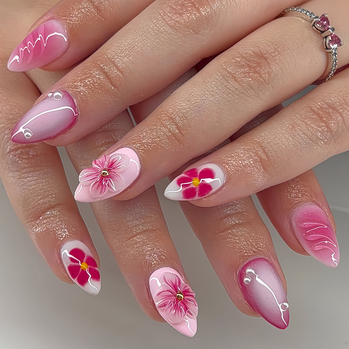 3D Floral & Butterfly Almond Press-On Nails