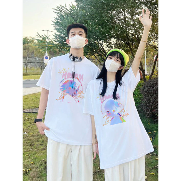 guy outfits 2024 New Short Sleeve  Couple's T-shirt Light Blue Summer Half Sleeve Summer High Sense Suit Ins