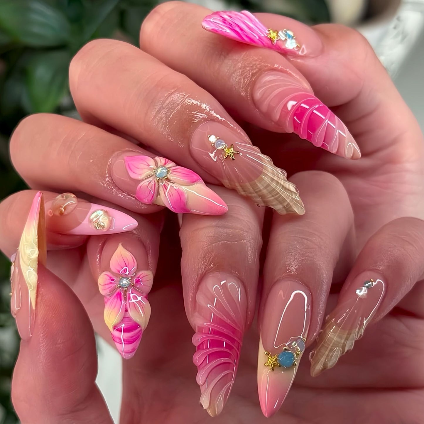 3D Floral & Butterfly Almond Press-On Nails