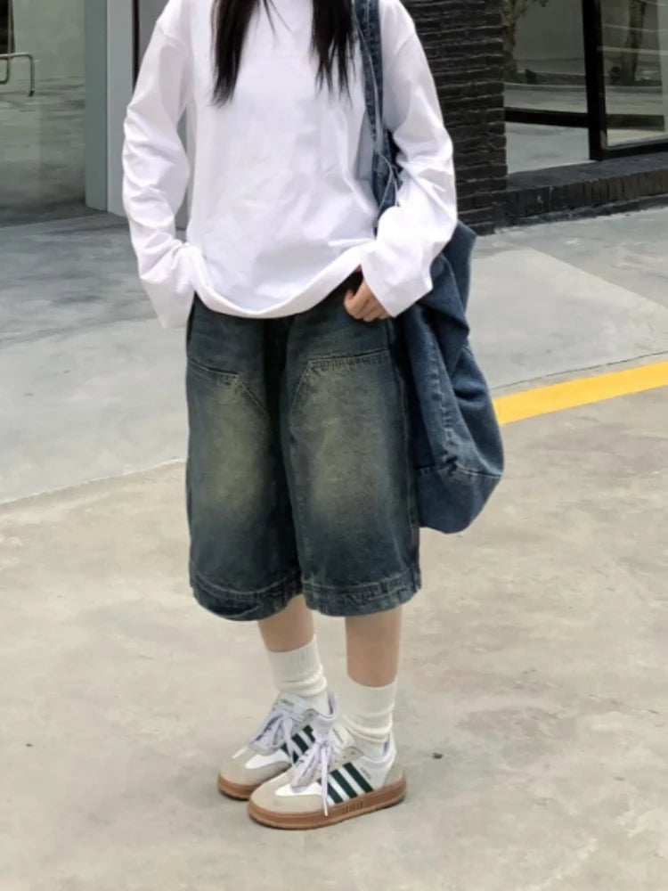 Advbridge Y2k Vintage Baggy Jorts Women Wide Leg Five Points Jeans Korean Streetwear Casual Oversize Washed Denim Shorts Summer