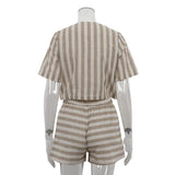 ADVBRIDGE  -  New Striped 2 Piece Set Women Crew Neck Single Breasted Short Sleeve Short Blouse Summer Elegant Casual Fashion Shorts Sets