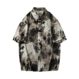 ADVBRIDGE  -  Mens Chinese Traditional Mountain Painting Printed Tang Shirts Frog Button Down Kong Fu Short Sleeve Summer Clothing Male XXXXXL