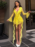 ADVBRIDGE  -  Women's Sexy Yellow Lace Mini Vestidos Chic See Through V Neck Flare Sleeve Tassel Dress 2025 Party Club Wear Slim Fit Dresses