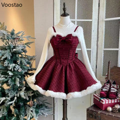 Advbridge Japanese Sweet Lolita Dress Set Women Kawaii Bow Plush Shawl Short Jackets Party Mini Dress Suit Christmas New Year 3 Piece Set