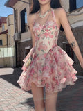 Advbridge Summer Women Sleeveless Sweet Pink Print Beach Dress Female Slim Holiday  Halter Mini Dress Tierred Birthday Party Dress