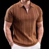 ADVBRIDGE  -  Trendy Striped Textured Men Polo Shirts Short Sleeve Zip-up Lapel Casual Polos Mens Clothes Summer Fashion Slim Knit Polo Shirt