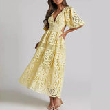 ADVBRIDGE  -  Women Sexy Pleated A-Line Dress Embroidery Retro Puff Short Sleeve Party Dress Temperament V Neck Waist Hollow Lace Long Dress