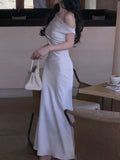ADVBRIDGE  -  French Elegant Chic Women's Dresses Solid Satin Inclined Shoulder Pleated Slim Wasit Mermaid Dress Party Prom Female Clothes New