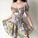 ADVBRIDGE  -  French Retro Oil Painting Dress Summer Women's Clothing 2025 New Floral Printed A-line Ruffles Mini Dresses Lace-up Vestidos