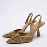 Advbridge pointed toe glod/blue crystal sandals women sexy backsling glitter party shoes big size cutout high heels sandalias mujer