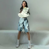 Advbridge  Women's Irregular Design Broken Hole Denim Shorts Chic Fashion Street Loose Wide Leg Knee Length Jeans Female Casual Mini Pants