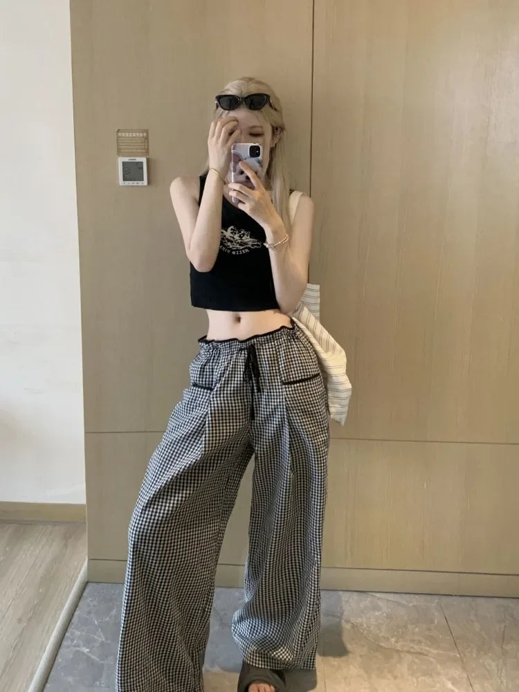 Advbridge  Sweet Black Women Plaid Pants Coquette Japanese Style Cute Wide Leg Trousers Harajuku Kawaii Palazzo Pants Vintage Y2k