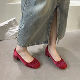 ADVBRIDGE  -  Fashion Elegant Red Ballerinas Women Pumps Slip on Loafers Round Toe Square Heels Bowknot Casual Spring Autumn Low Heel Shoes
