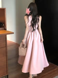 ADVBRIDGE  -  Spring Summer 2025 Pink Elegant Evening Woman Dress French Bow Pleated Square-Collar Length Dresses Abend Kleider New Vestidos