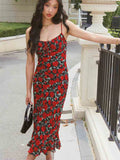 Advbridge Rose Red Flower Printed Black Bodycon Summer Dress Women 2024 Beach Boho Maxi Slip Sundress Ruffles Sleeveless Long Floral Dress