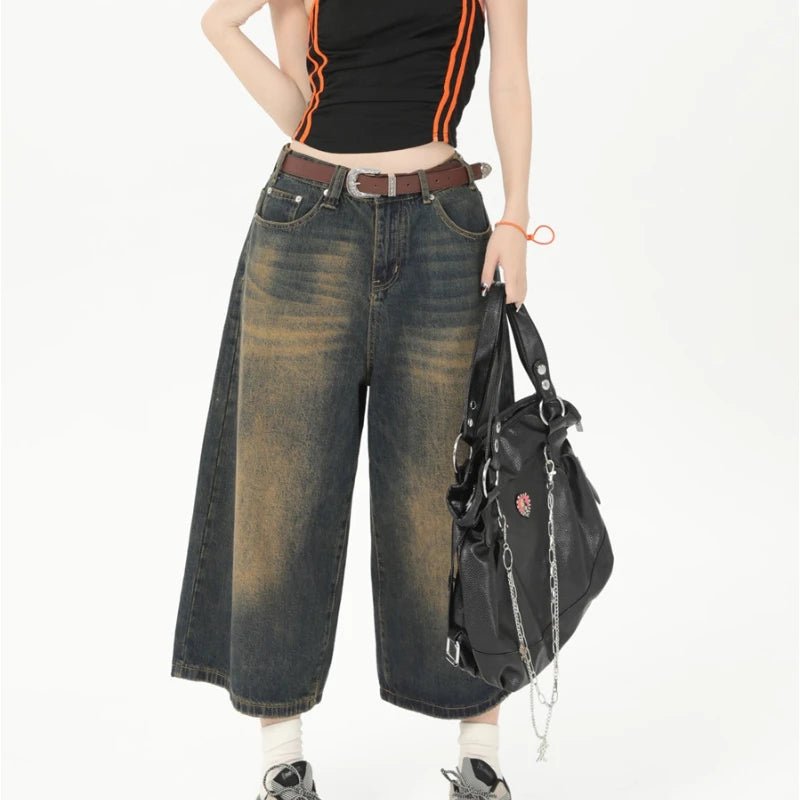 Advbridge Y2k Vintage Baggy Jorts Women Summer Wide Leg Knee Length Jeans Korean Streetwear Casual Oversize Washed Denim Shorts