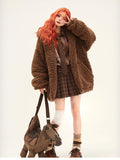 Advbridge -Kawaii Faux Fur Hoodie with Bear Ears for Women, Fluffy Sherpa Jacket, Oversized, Brown, Warm, Fuzzy, Sweet, Cute, Winte