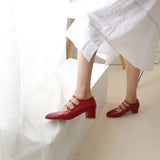 Advbridge French Marie Red Shoes Wedding Shoes Shallow V-Shape Buckle Vintage Thick Heel Genuine Leather Flats Women's Shoes Summer