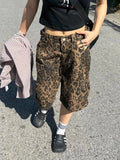 Advbridge  Tan Leopard Print Denim Shorts Women Y2k Vintage Streetwear Wide Leg Jeans Hip Hop Oversize Casual Pockets Jorts Summer
