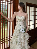 Advbridge Summer Floral Chiffon Midi-dresses Women Sleeveless Spaghetti Strap Backless Ruffle Dress Elegant Casual Party Ladies Dresses