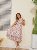 Advbridge Sexy V Neck Beach Dress Woman Bodycon Short Sleeve Maxi Dress Elegant Pleated Pink Floral Long Summer Dresses For Women 2024