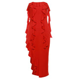 ADVBRIDGE  -  Personalized Women's Clothing Red Strapless Ruffles Tassel Pleated Sleeveless Backless High Split Stretchy Dresses Clubwear