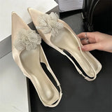 ADVBRIDGE  -   Satin Slingback Women Pumps Sexy Design Flowers Pointed Toe Thin Low Heels Dress Mule Shoes Zapatos De Mujer