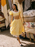 Advbridge  Gingham Printed Yellow Women Summer Dress Set Lace Top+skirt Sets Vintage French Style Midi Dress Oufits Plaid Vestidos