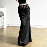 Advbridge  Goth Dark Elegant Mall Gothic Velvet Trumpet Skirts Y2k Partywear Lace Patchwork Sexy Long Skirt Ladies Evening Black Slim Cloth