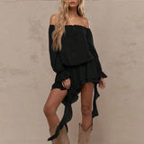 ADVBRIDGE  -  Chic Low Neck Lace Up Mini Dress Elegant Solid Flare Sleeve Pleated Off Shoulder Gown New Women Highstreet Holiday Dresses 2025