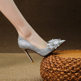 Advbridge  New Thin Heel Pointed Head Shallow Mouth Silver Sexy Wedding Shoes High Heels Fairy Style Bow Office Single Shoes