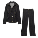 ADVBRIDGE  -  Vintage Chic Solid Denim Trouser Suit Women Pockets Long Sleeve Waist Folds Shirt+Low Waist Jeans Streetwear Fashion 2 Piece Set