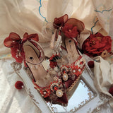 Advbridge Style Cosplay Girl Shoes Gorgeous Wedding Lace Embroidery Pearl Gem Flower Phoenix Feather Pointed 5-7cm High Heel Shoes