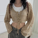 Advbridge 1Pcs Summer Fashion Lace-up V-neck Long Sleeve Hollow Knitted Cardigan Women's Crop Top