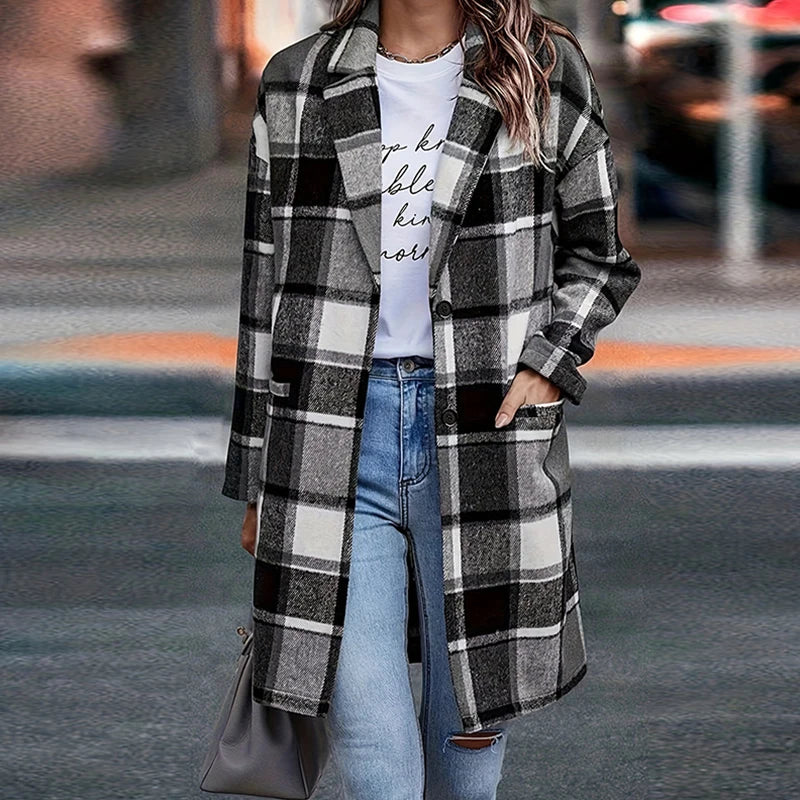 Advbridge Elegant Single-breasted High Street Coats Winter Casual Plaid Print Lapel Woolen Coat Female Long Sleeve Pockets Commute Outwear