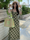 ADVBRIDGE  -  Summer Green Plaid Suspender Dress Women Summer Sleeveless V-neck Sexy Hip-wrapped Long Dress