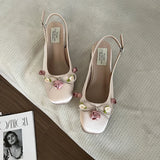 Advbridge Medium Heeled Mary Jane Single Shoes 2024 New Women Shoes Fashion Elegant Flower Bow Pumps Square Toe Thick Heeled Ballet Shoes