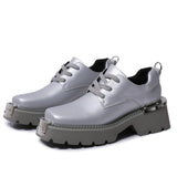 Advbridge Fashion Metal Silver Thick Heel Lace Up Leather Shoes For Women 2024 Spring New Item Square Headed Neutral Sponge Cake Single