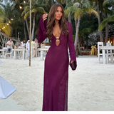 ADVBRIDGE  -  Sexy Deep V Neck Knitted Long Dress For Women Long Sleeve Solid Casual Long Robes 2025 New Lady Spring Vacation Beach Dresses