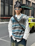 Advbridge Vintage Sweater Vest Men's Knitted Sleeveless Men Sweaters Retro V-neck Pullover Blue Japanese Streetwear Harajuku