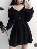 Advbridge Large Size Gothic Women Black Mini Dress Sexy Off Shoulder High Waist Tunic Ladies Party Dress Long Sleeve V Neck Vestidos