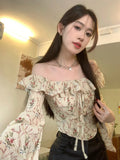 Advbridge -  French Sweet Hot Girl Ruffle Slash Neck Shirt Women's Spring Floral Slim Fit Irregular Bottoming Top Fashion Female Clothes