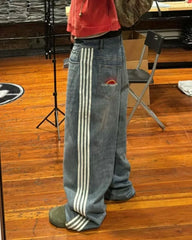 Advbridge Retro Striped Baggy Jeans for Mens Distressed Wide Leg Jeans Long Pants  Low Rise Jeans Couples Streetwear Clothing New