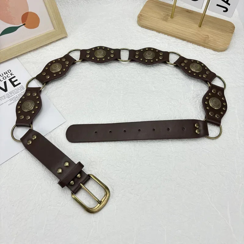 Advbridge Vintage Circle Splicing Belts Cowboy Hollow PU Girdle Rivet Punk Metal Buckle Spice Girls Skirt Decoration Heavy Duty Wide Belt
