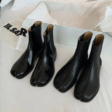 Advbridge British Style Ankle Boots for Women Split Toe Stretch Solid Color Mid Heel Patent Leather Matte Round Toe Female Shoes