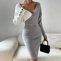 Advbridge Elegant Contrasting Colors Wrap Hip Knitting Dress Autumn Winter High Waist Mid Dress Lady V Neck Long Sleeve Commute Slim Dress