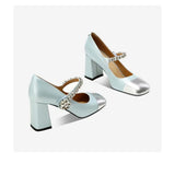 Advbridge 2025 autumn new leather sweet shallow mouth square head diamond chunky heels Mary Jane high heels fashion women's shoes