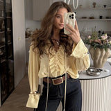ADVBRIDGE  -  Solid Ruffle Chiffon Top Women 2025 Summer Casual Loose V Neck Long Sleeve Blouse Fashion Lace Up Vintage Shirts Femme